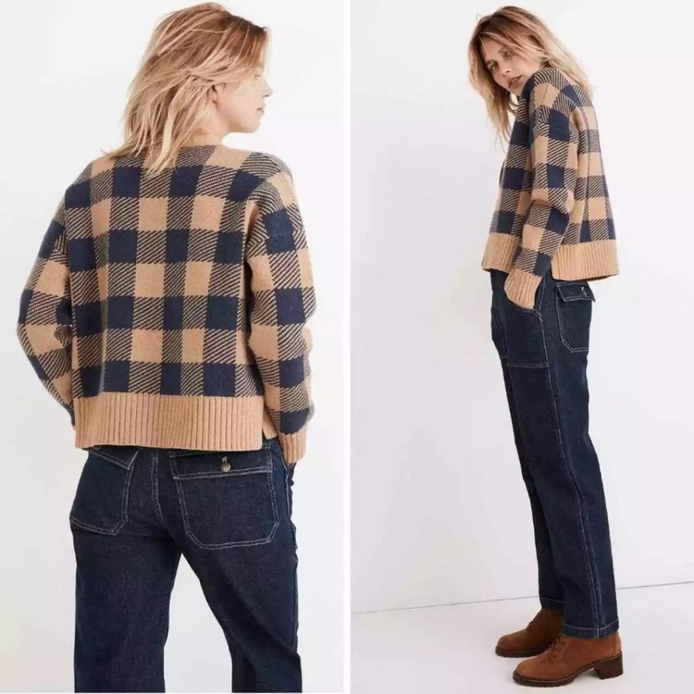 Madewell Bayberry Cardigan In Buffalo Check, On Kim Kardashian